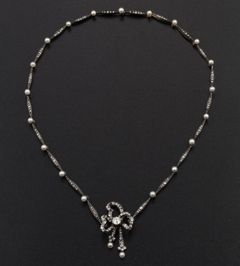 Old-cut diamond and pearl necklace  - Auction Fine Coral Jewels - I - Cambi Casa d'Aste