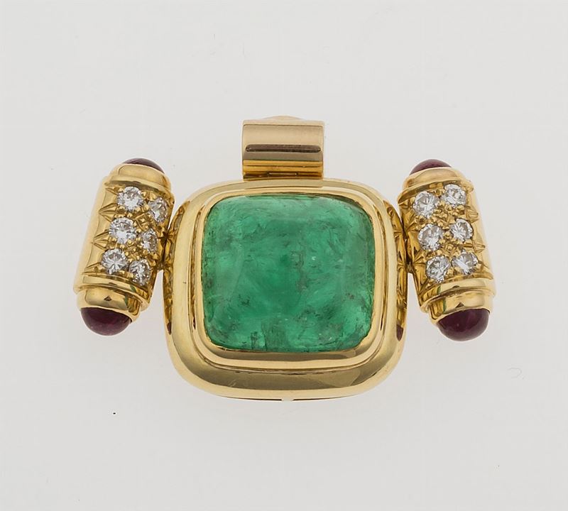 Pendente con smeraldo Colombia, diamanti e rubini  - Asta Fine Jewels - II - Cambi Casa d'Aste