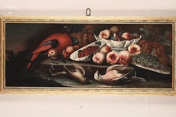 Scuola del XVIII secolo Natura morta con frutti, cacciagione e pappagallo