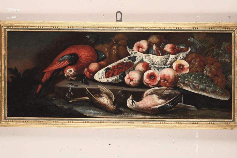 Scuola del XVIII secolo Natura morta con frutti, cacciagione e pappagallo  - Asta Dipinti Antichi - Cambi Casa d'Aste