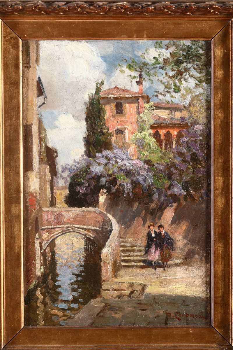 Duilio Korompay (Venezia, 1876 -1952), a firma di Venezia, passeggiata  - Asta Arredi, Dipinti e Oggetti d'Arte - Cambi Casa d'Aste