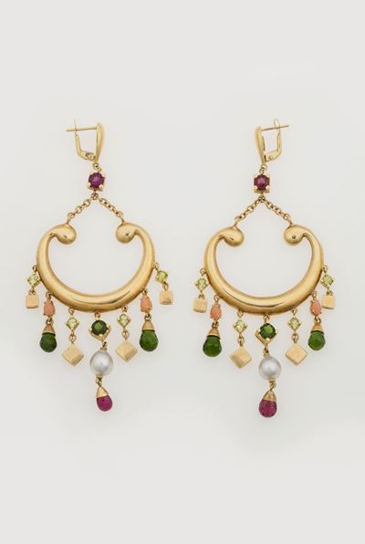Orecchini Pendenti con Prehnite, Corallo, Tormaline e Peridoti