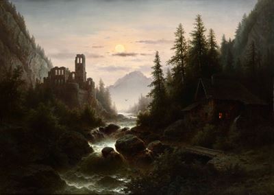 Albert Rieger (1834 - 1905)paesaggio Fluviale con Rovine