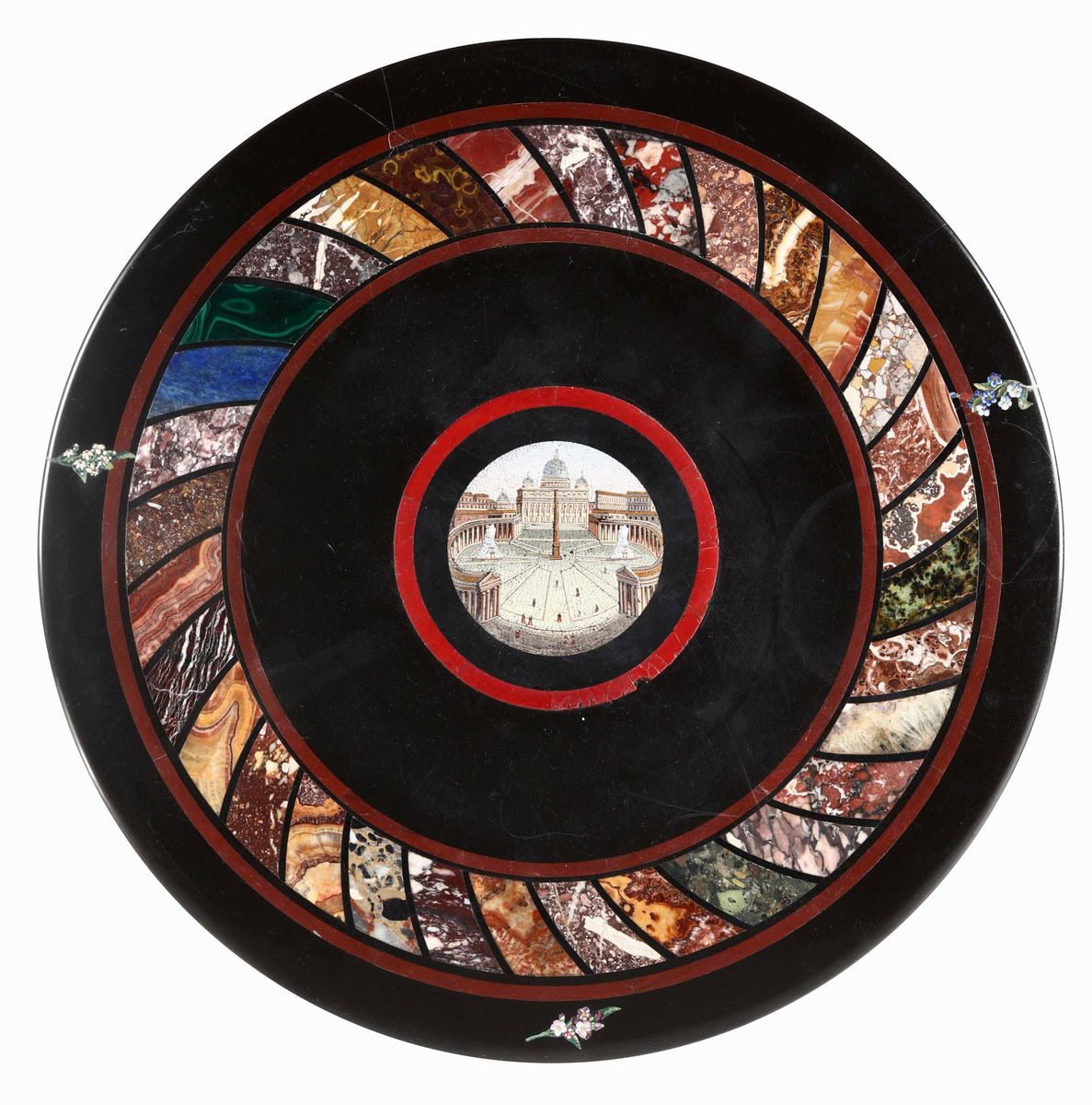 Piano Circolare Intarsiato e Lastronato in Marmi Policromi e Micromosaico al Centro. XIX Secolo