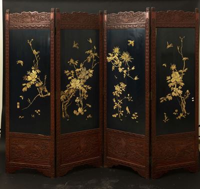 Paravento in Legno a Quattro Ante con Applicazioni in Avorio a Decoro Naturalistico di Uccellini ...