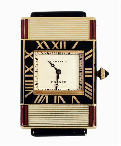 Cartier, France, Modello Ghigliottina. Raro, Orologio da Borsetta, in Oro e Smalti. Realizzato ne...