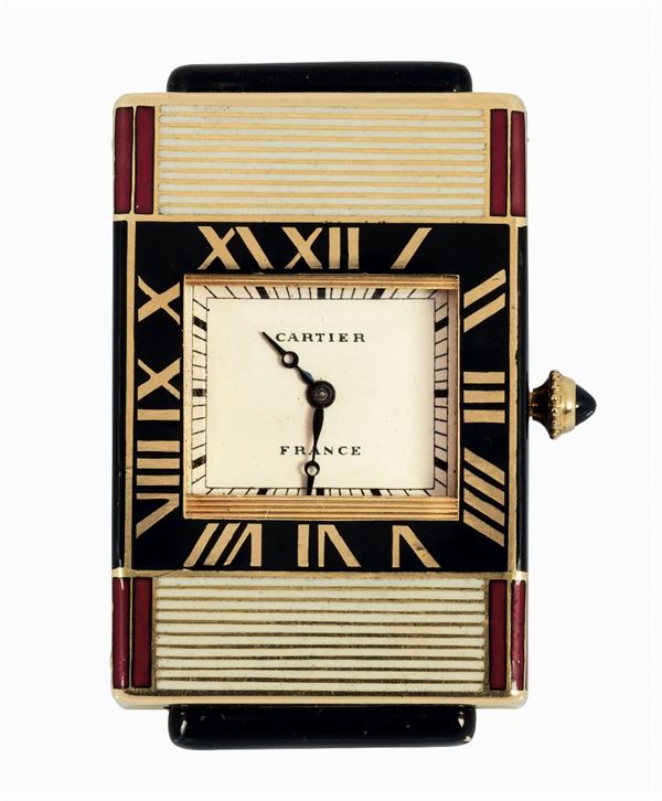 Cartier, France, Montre de sac Guillotine.  Very fine, elegant and rare, gold and enamel purse watch with spring loaded sliding shutter. Made circa 1930