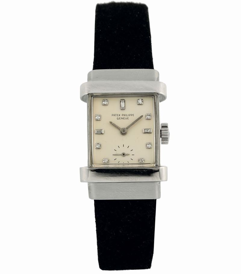 Patek Philippe, Genève, Ref. 1450. Very fine, rectangular, platinum  wristwatch with diamonds dial. Made circa 1950  - Auction wrist and pocket watches - Cambi Casa d'Aste