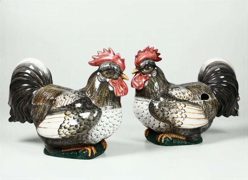 Coppia di zuppiere a foggia di galli Probabilmente Nove, XX secolo  - Auction Ceramics - Cambi Casa d'Aste
