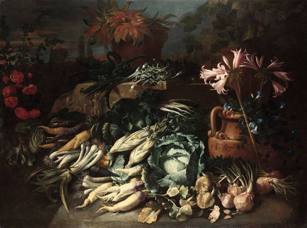 Francesco Della Questa (Napoli 1639 - 1723) Natura morta con ortaggi e vasi di fiori