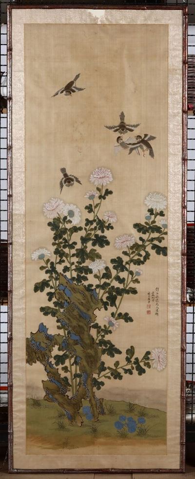 Quattro Dipinti su Seta Raffiguranti Soggetti Naturalistici con Iscrizioni, Cina, Dinastia Qing, ...