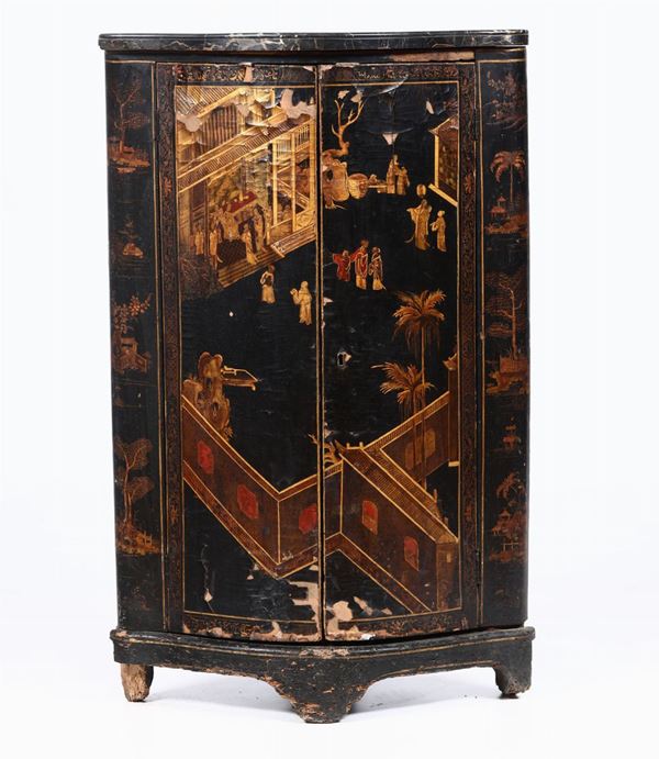 Angoliera in legno ebanizzato dipinta a cineserie, stampigliata g. Landrin, seconda metà XVIII secolo