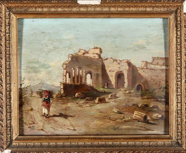 Pittore del XIX-XX secolo Paesaggio con rovine e figura