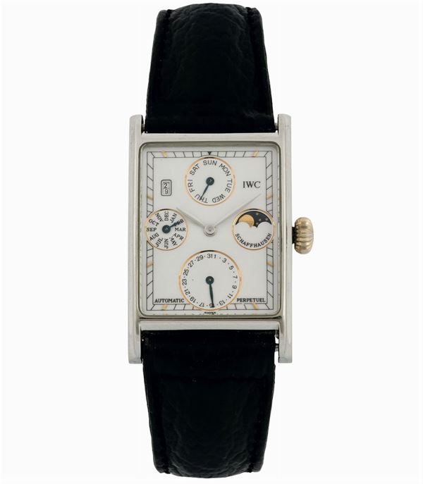 IWC, International Watch Co., Schaffhausen, Novecento Perpetual, Automatic , No. 048, Ref. 3545. Fine and rare, rectangular, self-winding, platinum wristwatch with perpetual calendar, moon phases and a platinum IWC buckle. Accompanied by the original warranty, instruction booklet and booklet. Made circa 1990