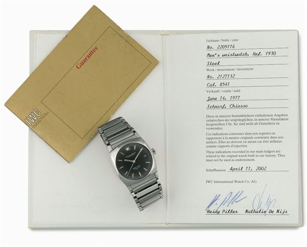 IWC, (International Watch Co.), Schaffhausen, GOLF CLUB AUTOMATIC Ref. 1930.  Fine and rare, cushion shaped case, self-winding, stainless steel wristwatch with date and  original bracelet. Accompanied by the original box, Guarantee and Certificate. Sold in 1977