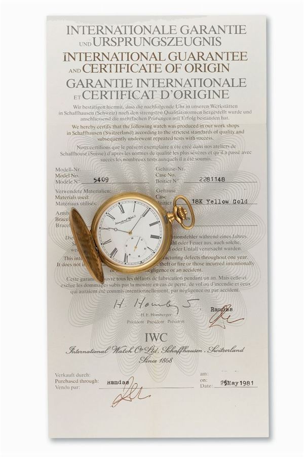 IWC, (International Watch Co.), Schaffhausen,  case No. 2281148, Ref. 5409.  Very fine, 18k yellow gold keyless pocket watch. Accompanied by the original Certificate confirming the date of sale in Muscat in 1981, Guarantee and box.