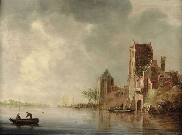 Franz de Hulst (Haarlem 1610-1661) Paesaggio fluviale con castello e pescatori