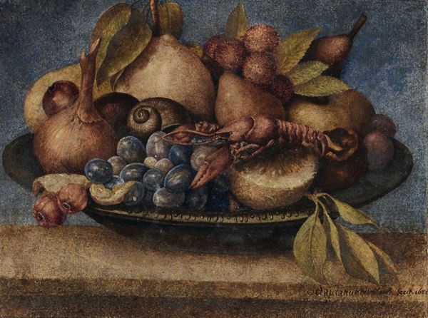 Octavianus Monfort XVII secolo Natura morta con frutta, aragosta e lumaca