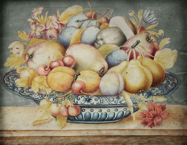 Octavianus Monfort XVII secolo Natura morta con piatto colmo di frutti e fiori