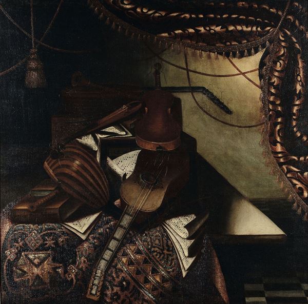 Bartolomeo Bettera (Bergamo 1639 - Milano 1668), cerchia di Natura morta con tappeto e strumenti musicali