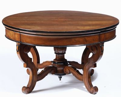 Tavolo in legno impiallacciato con piano circolare, XIX secolo