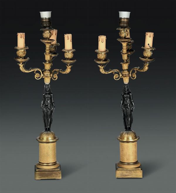 Coppia di candelabri in bronzo dorato e patinato, XIX secolo