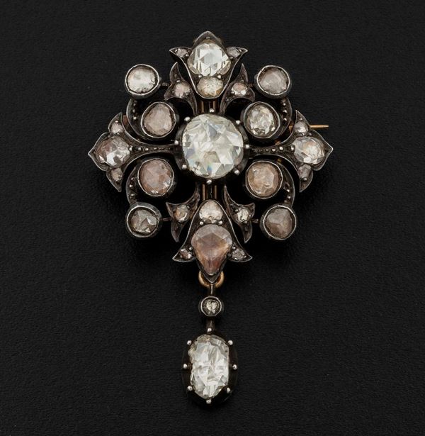 Rose-cut diamond, gold and silver brooch/pendant