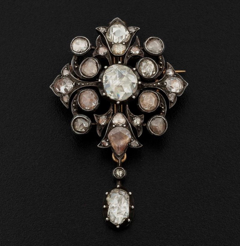 Rose-cut diamond, gold and silver brooch/pendant  - Auction Fine Coral Jewels - I - Cambi Casa d'Aste
