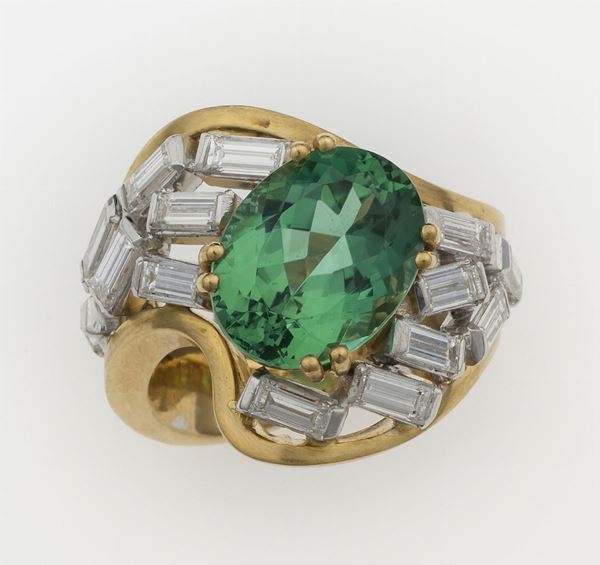 Enrico Cirio. Foglia anello con tormalina di ct 6,23 e diamanti per ct 1,97