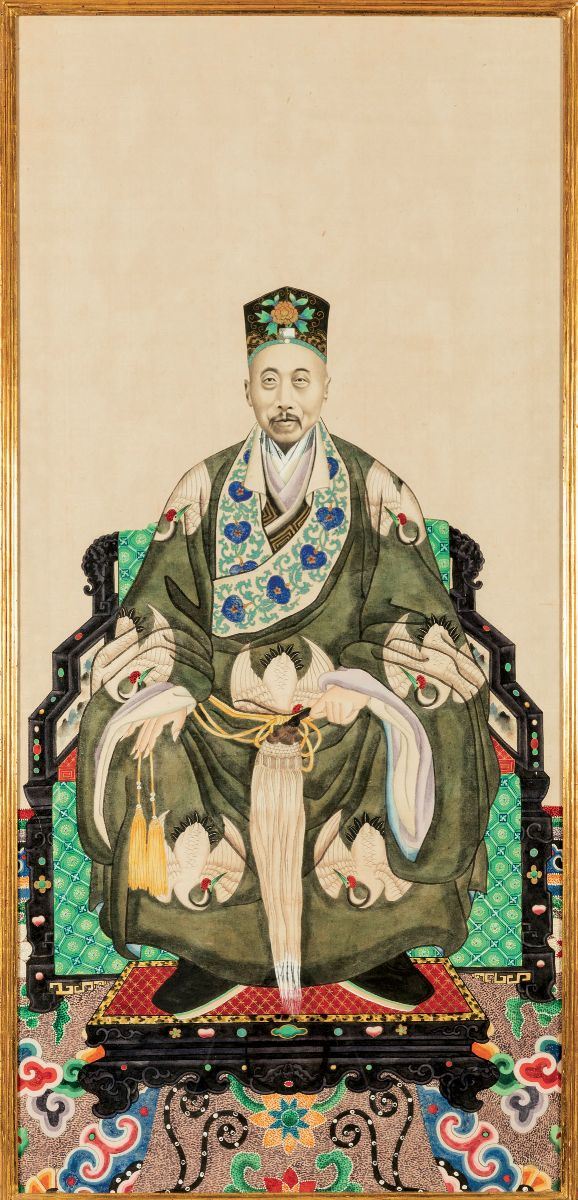 Coppia di dipinti su carta raffiguranti imperatore e imperatrice, Cina, XX secolo