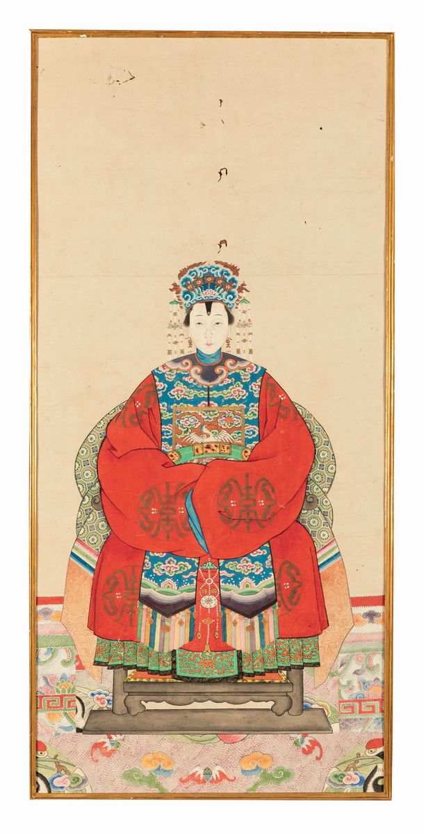 Coppia di Dipinti su Carta Raffiguranti Imperatore e Imperatrice, Cina, XX Secolo