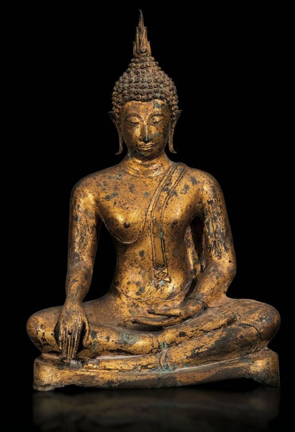 Figura di Buddha Sakyamuni in bronzo dorato, Thailandia, XIX secolo