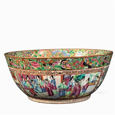 Grande Ciotola in Porcellana Famiglia Rosa con Decori Naturalistici e Scene di Vita Comune Entro ...