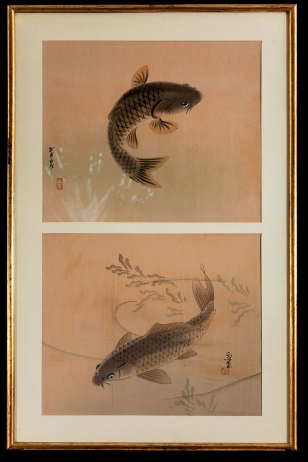 Coppia di dipinti su seta raffiguranti carpe e iscrizioni, Cina, XX secolo
