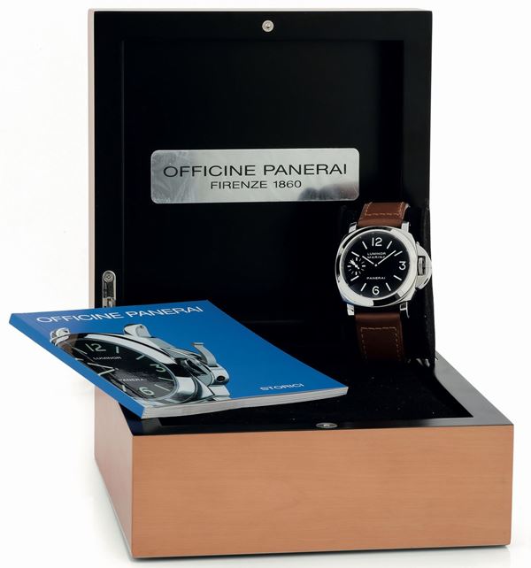 OFFICINE PANERAI, Luminor Marina, Ref. OP6567 / PAM 00113. Fine and large, cushion-shaped, water-resistant, stainless steel  wristwatch with a stainless steel Officine Panerai buckle. Accompanied by the original box, Guarantee and booklet. Sold in 2004