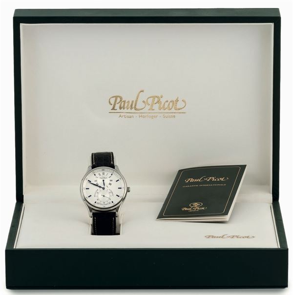 Paul Picot, Regulator Automatic, Gentleman 42, No. 1120. Very fine, self-winding, water-resistant, stainless steel chronometer wristwatch with regulator type dial and a stainless steel Paul Picot buckle. Accompanied by the original box and Guarantee. Sold in 2008
