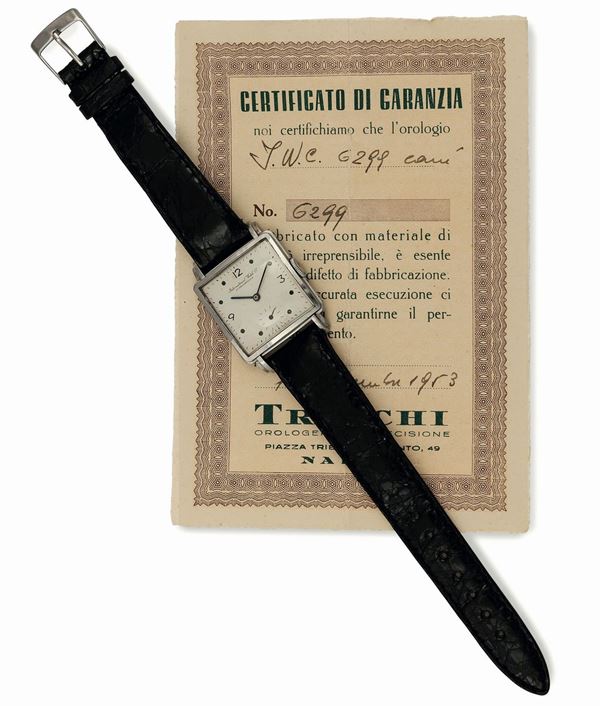 IWC, International Watch Co., Schaffhausen, cassa No. 1295459. Orologio da polso, di forma quadrata, in acciaio. Realizzato nel 1950 circa. Accompagnato dalla scatola e Garanzia