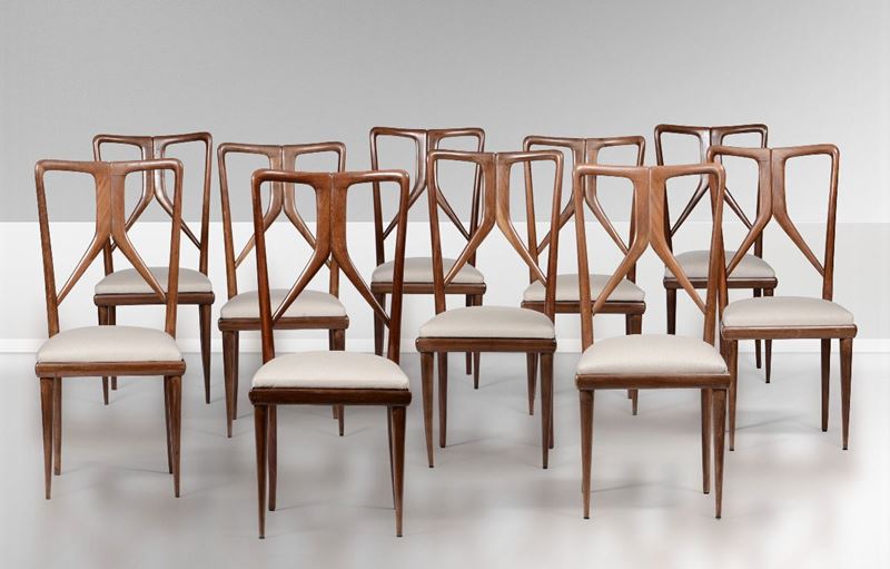 Dieci sedie con struttura in legno e rivestimenti in tessuto.  - Auction Design - Cambi Casa d'Aste