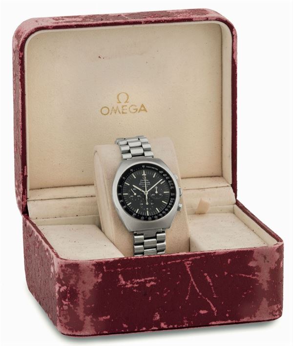 Omega, Speedmaster Professional, Mark II, Ref. ST 145.014. Fine, tonneau-shaped, self-winding, water-resistant, stainless steel wristwatch with round button chronograph, registers, tachometer and a stainless steel original  bracelet with deployant clasp.Accompanied by the original box. Made circa 1970