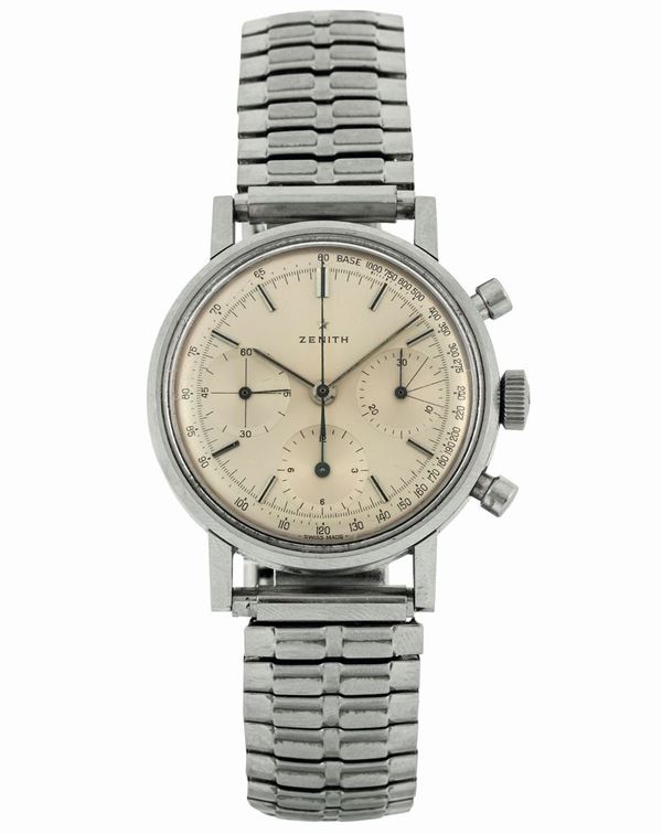 Zenith. Fine and rare, oversize, chronograph wristwatch. Made circa 1960. Accompanied by the original box
