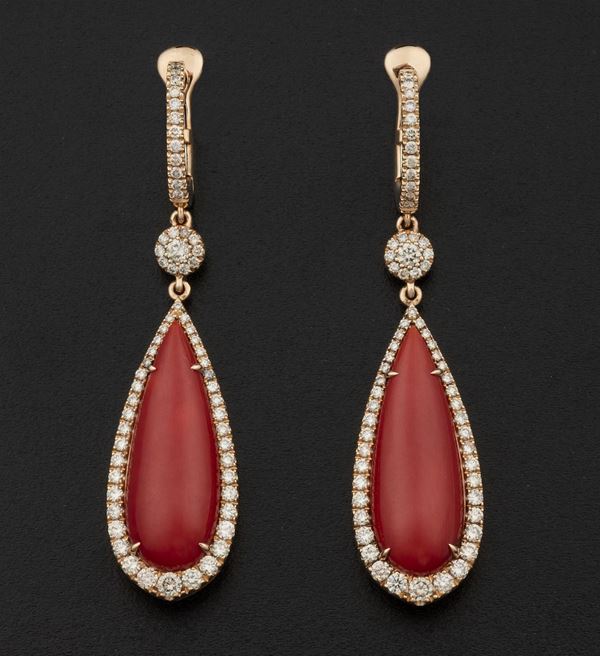 Pair of coral and diamond earrings. Signed Brarda