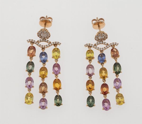 Pair of corundum and diamond earrings. Signed Brarda