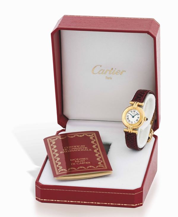 Cartier, Must de Cartier, No. 0942/1847. Fine and elegant, gold plated lady's quartz wristwatch with original gold plated deployant clasp. Accompanied by the original box and Guarantee. Sold in 1998.