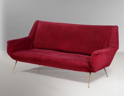 Divano con Struttura in Legno e Ottone. Rivestimenti in Tessuto.