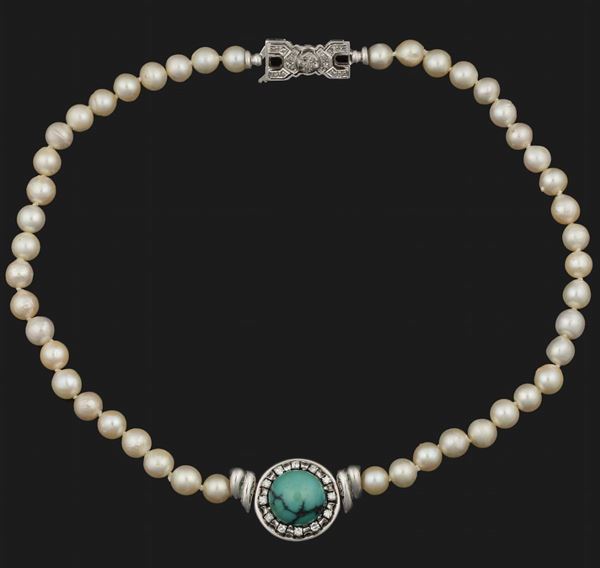 Pearl, turquoise and diamond necklace