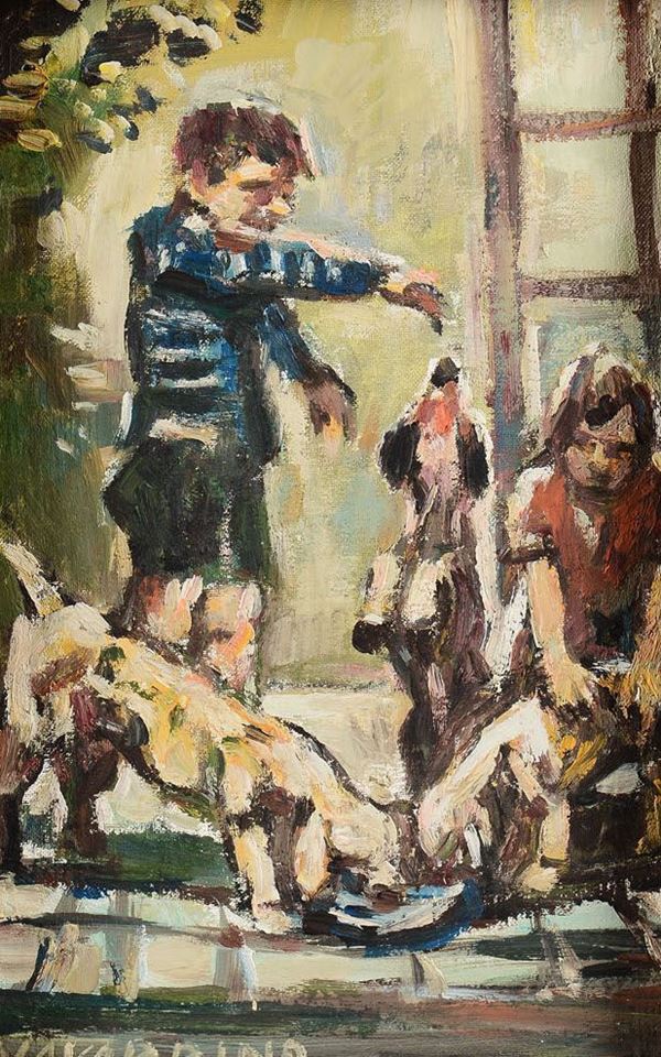 Navarrino Navarrini (1892-1980) Bambini che giocano con cani