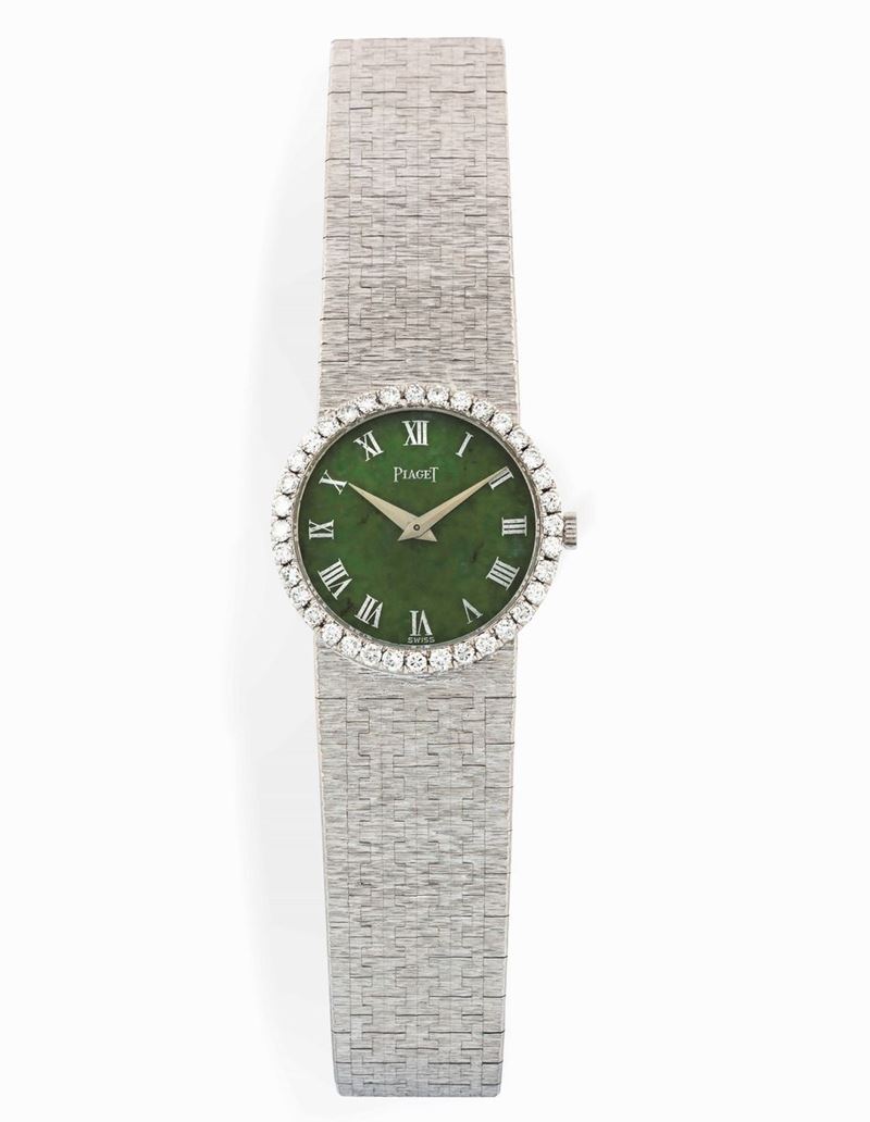 PIAGET, Ref. 9706. Fine and elegant, 18K white gold lady's wristwatch with Nephrite Jade Dial and gold integrated bracelet. Made circa 1960. Original fitted box and warranty certificate.  - Auction Important Wristwatches and Pocket Watches - Cambi Casa d'Aste