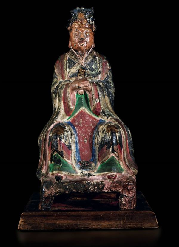Figura di saggio seduto in bronzo policromo, Cina, Dinastia Ming (XIV-XVII secolo)