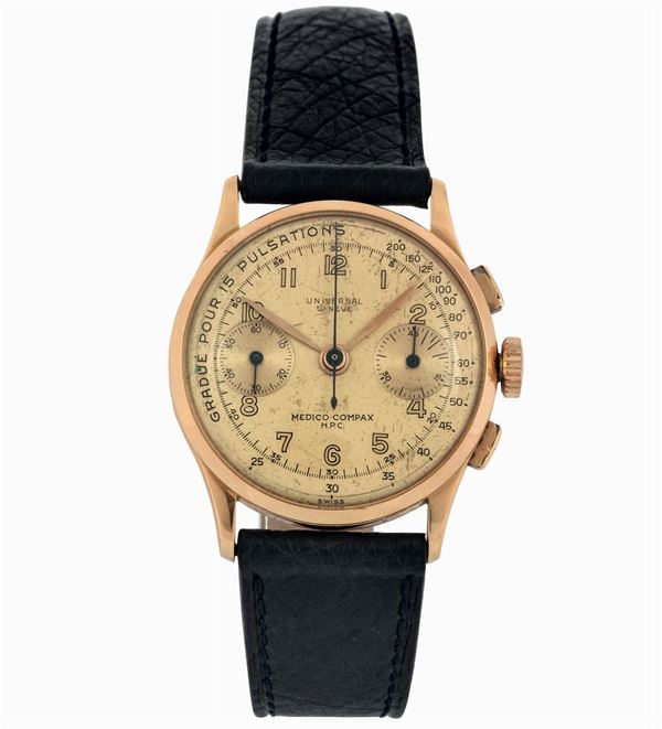 Universal Geneve, Medico Compax, H.P.C, Ref. 12445. Fine and rare,  18K pink gold  wristwatch with square button chronograph, register and pulsometer. Made circa 1950