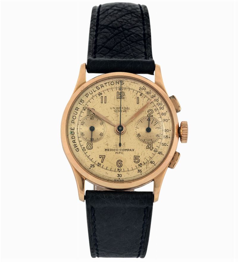 Universal Geneve, Medico Compax, H.P.C, Ref. 12445. Fine and rare,  18K pink gold  wristwatch with square button chronograph, register and pulsometer. Made circa 1950  - Auction wrist and pocket watches - Cambi Casa d'Aste